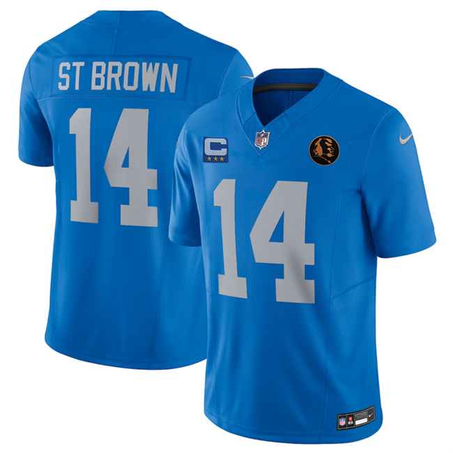 Men's Detroit Lions #14 Amon-Ra St. Brown Blue 2025 F.U.S.E. With 4 -Star C Patch And John Madden Patch Vapor Limited Stitched Jersey